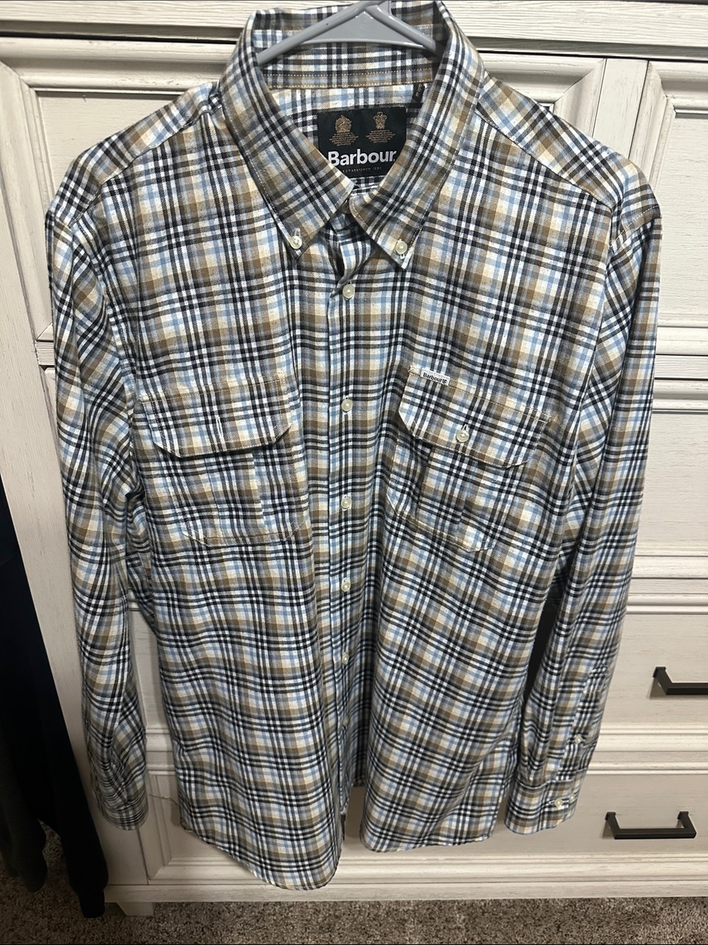 Barbour Men's Blue, Tan and White Plaid Button-Down Shirt